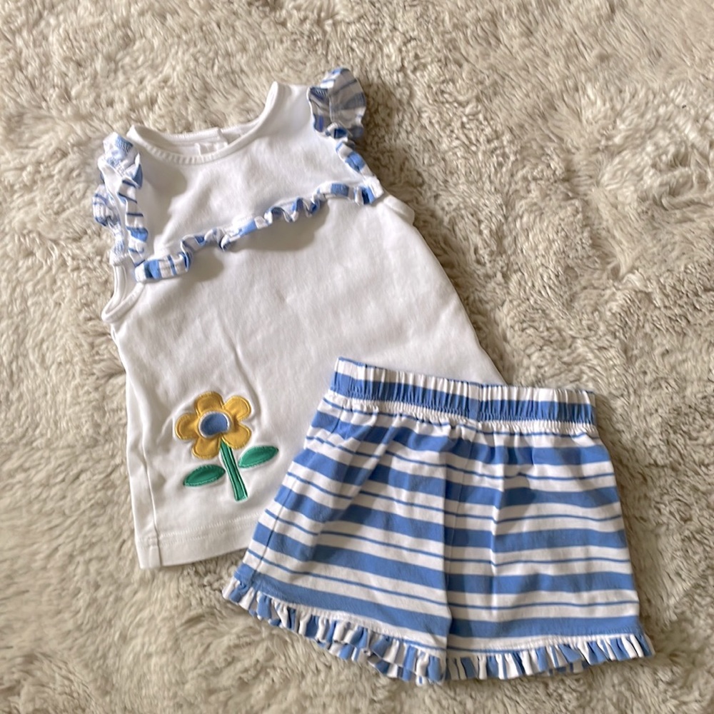Florence Eiseman Tank and Short Set with Embroidered Flower and Ruffles